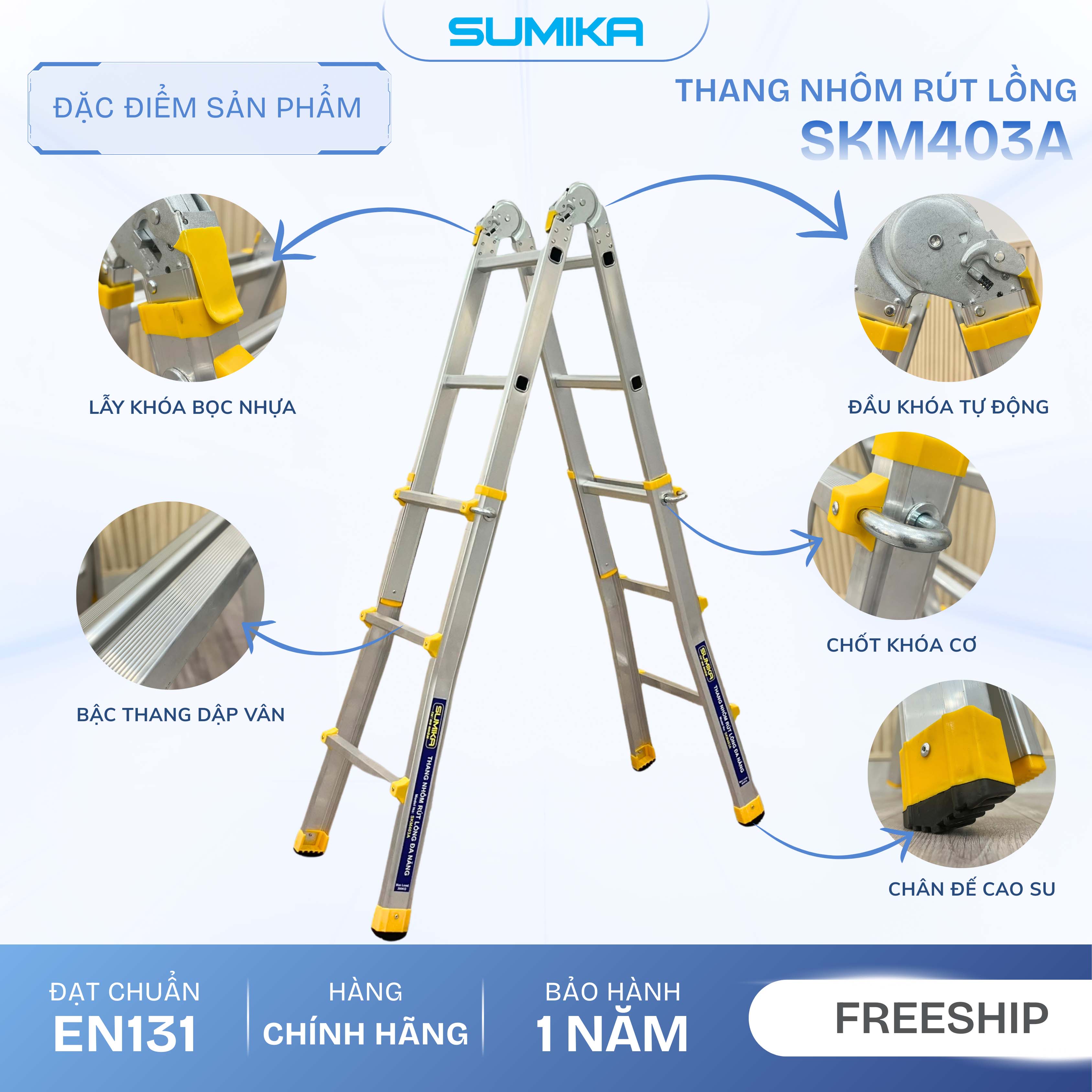 Thang Nhôm Chữ A Rút Lồng SUMIKA SKM403A - Chữ A 1.7m, Rút Gọn, Tải 300kg