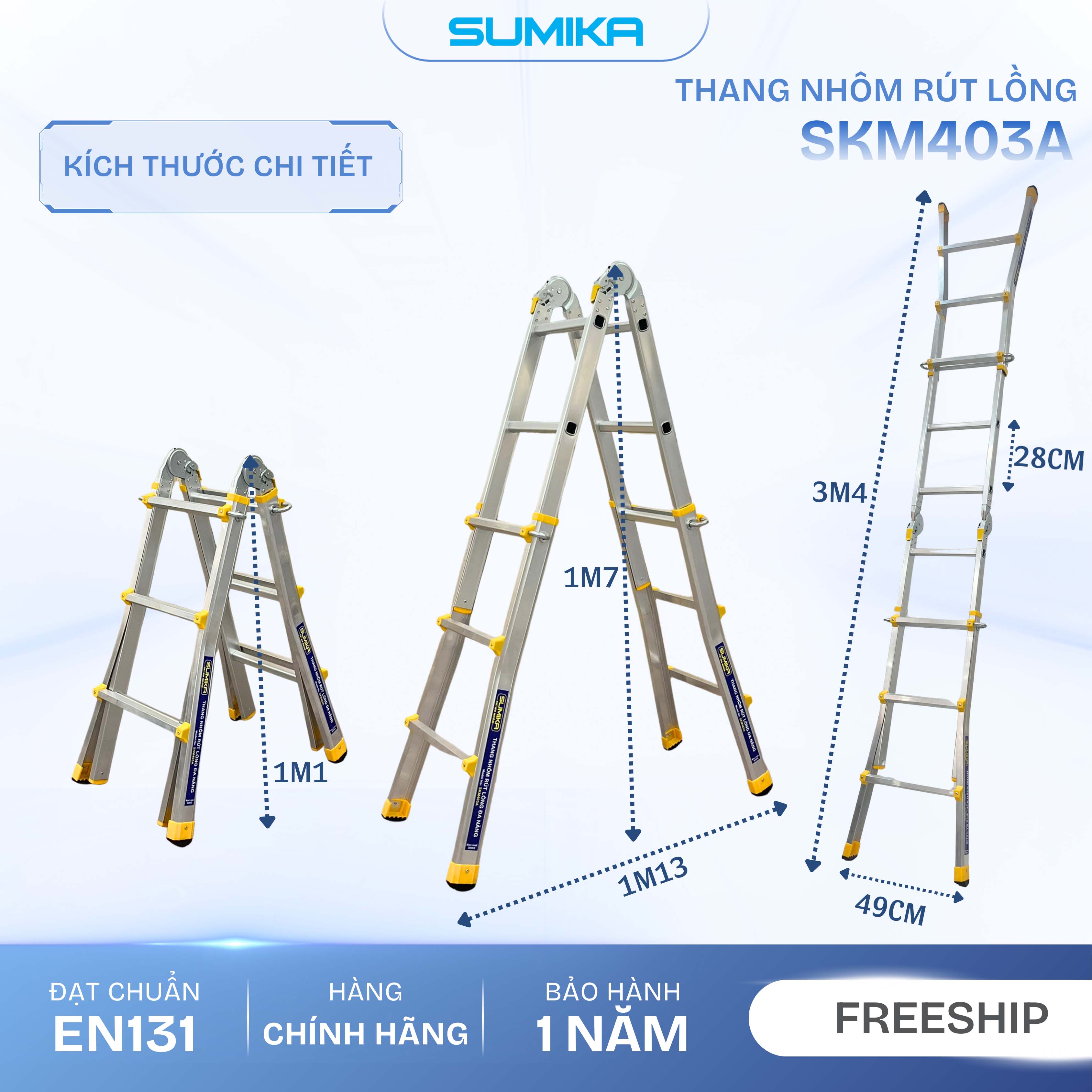 Thang Nhôm Chữ A Rút Lồng SUMIKA SKM403A - Chữ A 1.7m, Rút Gọn, Tải 300kg