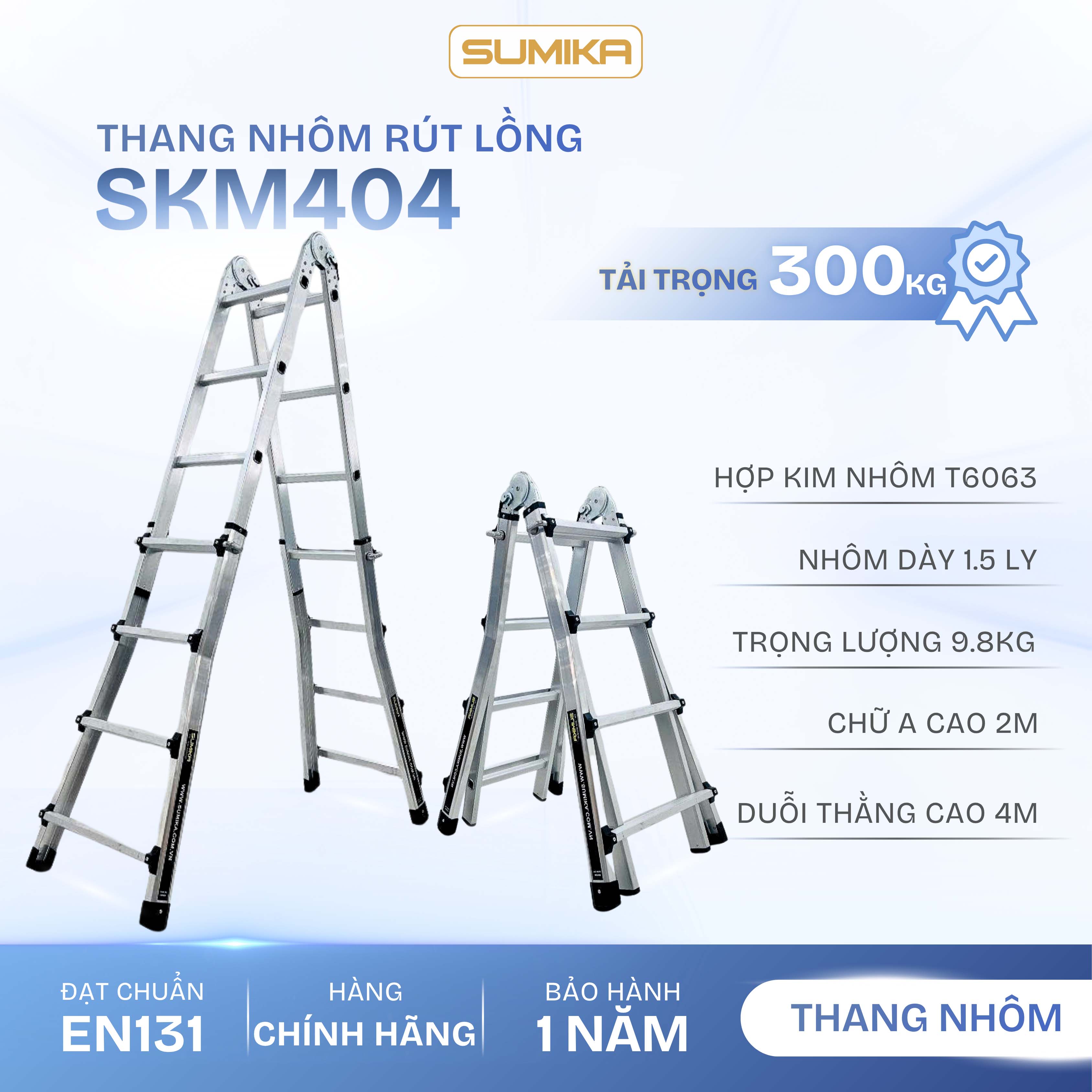 Thang Nhôm Chữ A Rút Lồng SUMIKA SKM404 - Chữ A 2.0m, Rút Gọn Tiện Lợi