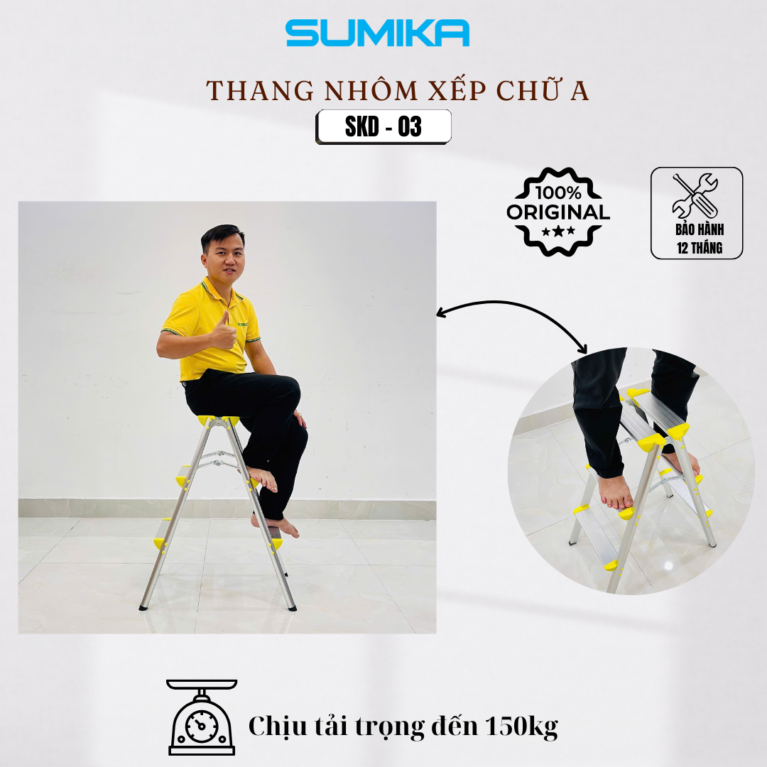 Thang Nhôm Dạng Bậc Ghế SUMIKA SKD03 - Xếp Chữ A 2x3, Tải 100kg, Gấp Gọn, An Toàn
