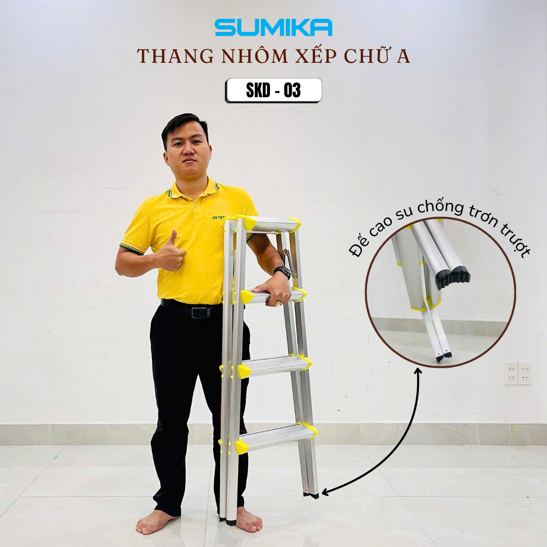 Thang Nhôm Dạng Bậc Ghế SUMIKA SKD03 - Xếp Chữ A 2x3, Tải 100kg, Gấp Gọn, An Toàn