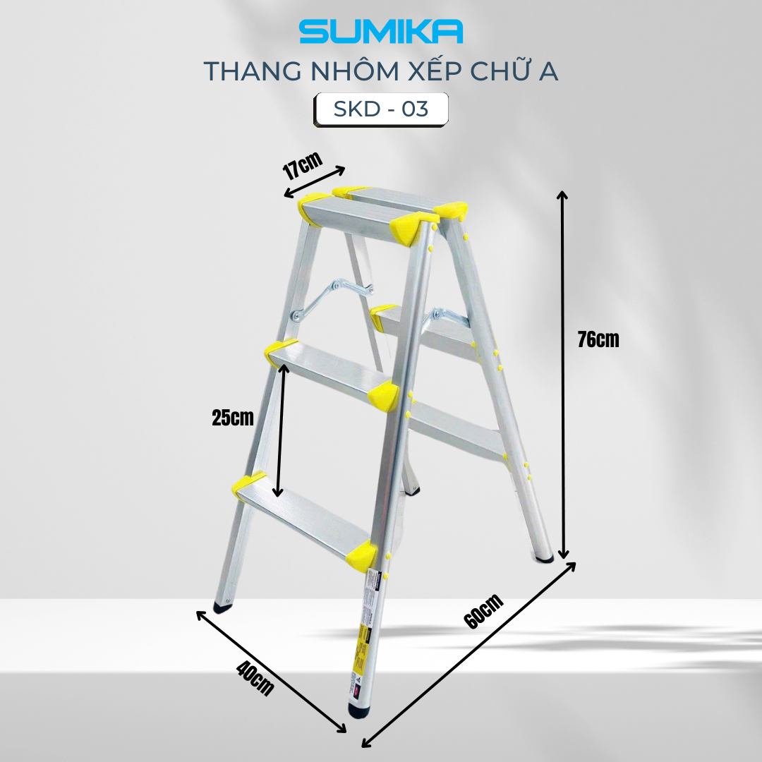 Thang Nhôm Dạng Bậc Ghế SUMIKA SKD03 - Xếp Chữ A 2x3, Tải 100kg, Gấp Gọn, An Toàn
