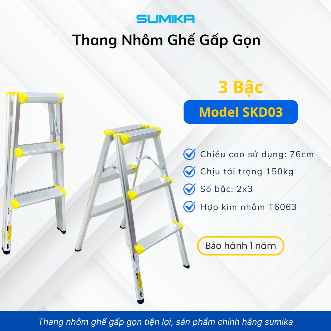 Thang Nhôm Dạng Bậc Ghế SUMIKA SKD03 - Xếp Chữ A 2x3, Tải 100kg, Gấp Gọn, An Toàn