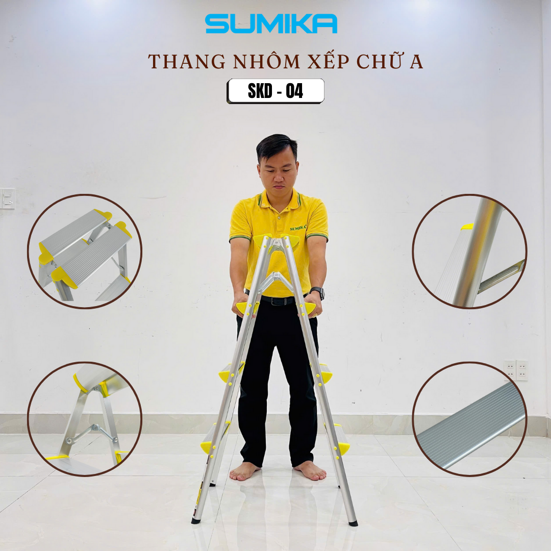 Thang Nhôm Dạng Bậc Ghế SUMIKA SKD04 - Xếp Chữ A, Tải 100kg, Gọn Nhẹ
