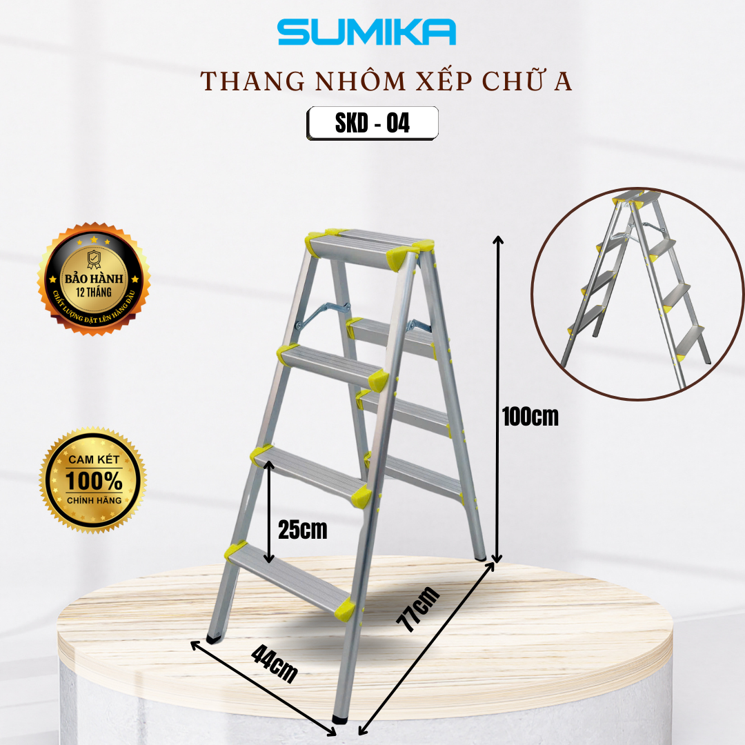 Thang Nhôm Dạng Bậc Ghế SUMIKA SKD04 - Xếp Chữ A, Tải 100kg, Gọn Nhẹ