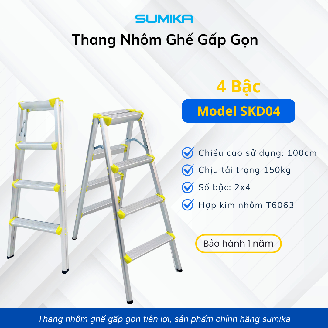 Thang Nhôm Dạng Bậc Ghế SUMIKA SKD04 - Xếp Chữ A, Tải 100kg, Gọn Nhẹ