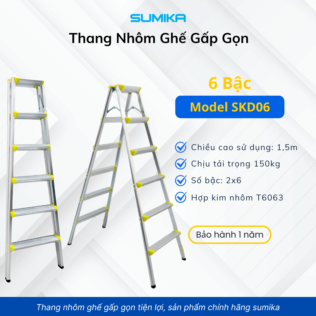 Thang Nhôm Dạng Bậc Ghế SUMIKA SKD06 - Gấp Gọn, Bậc Rộng 17cm, Chịu Tải 100kg