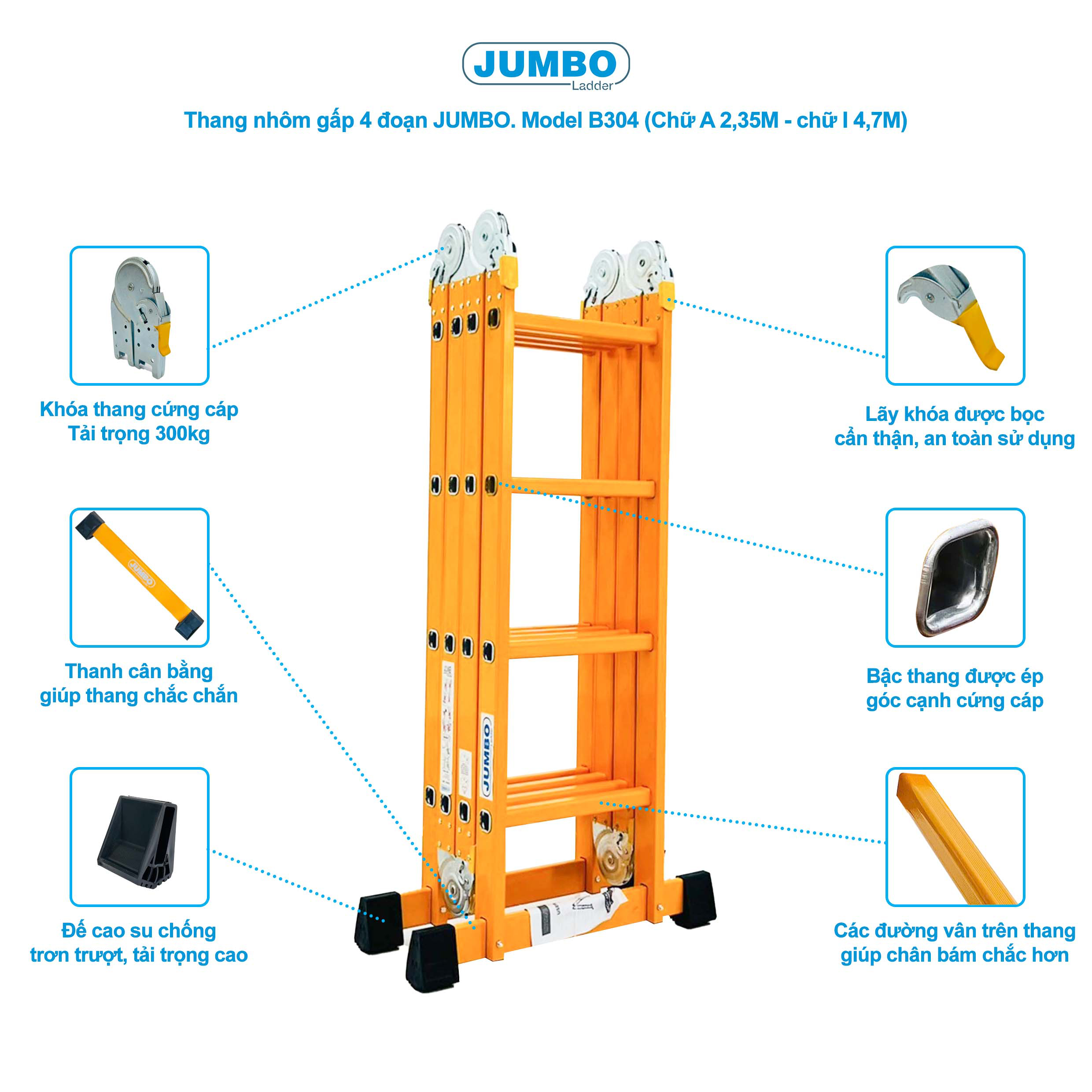 Thang Nhôm Gấp 4 đoạn JUMBO B304 - Chữ A 2.35m, Duỗi 4.5m, Tải 300kg
