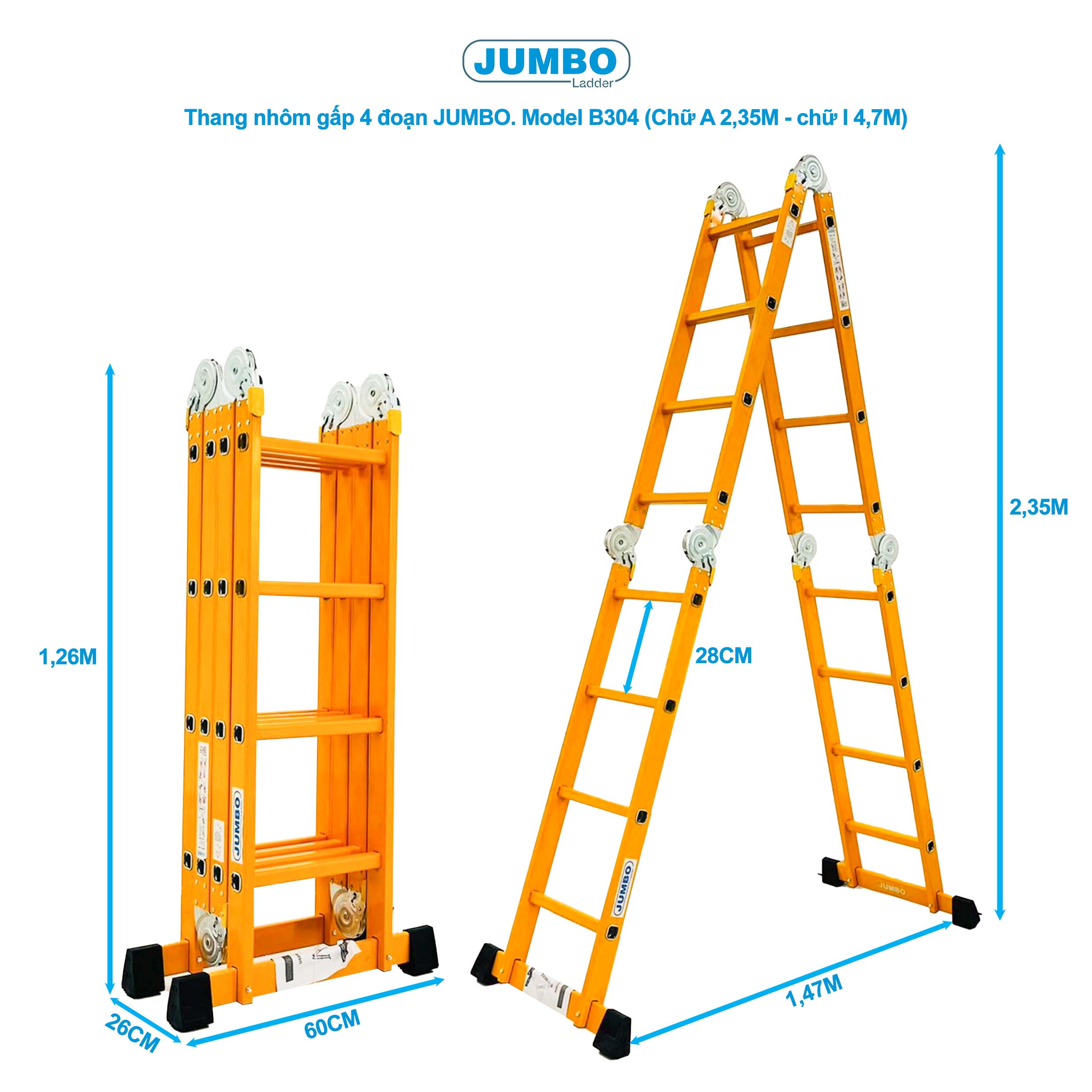 Thang Nhôm Gấp 4 đoạn JUMBO B304 - Chữ A 2.35m, Duỗi 4.5m, Tải 300kg