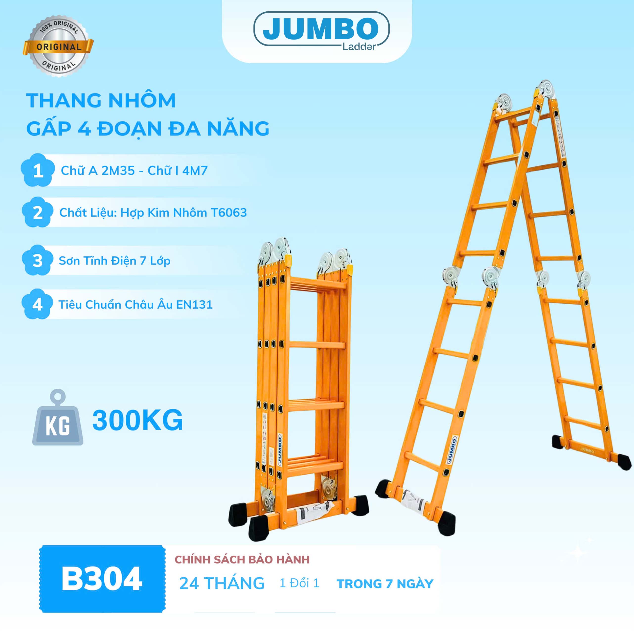 Thang Nhôm Gấp 4 đoạn JUMBO B304 - Chữ A 2.35m, Duỗi 4.5m, Tải 300kg