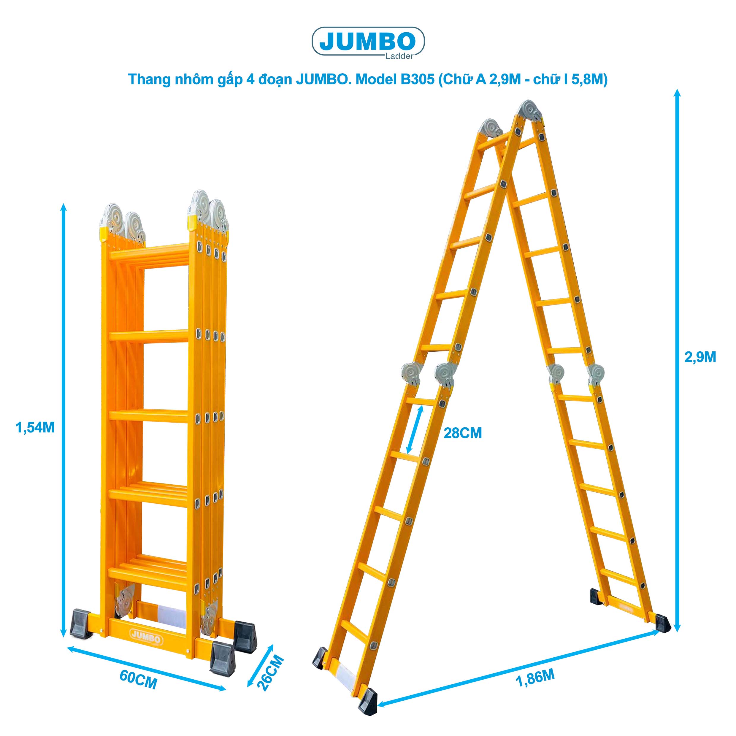 Thang Nhôm Gấp 4 đoạn JUMBO B305 - Chữ A 2.8m, Tải 300kg, Nhẹ 15.3kg
