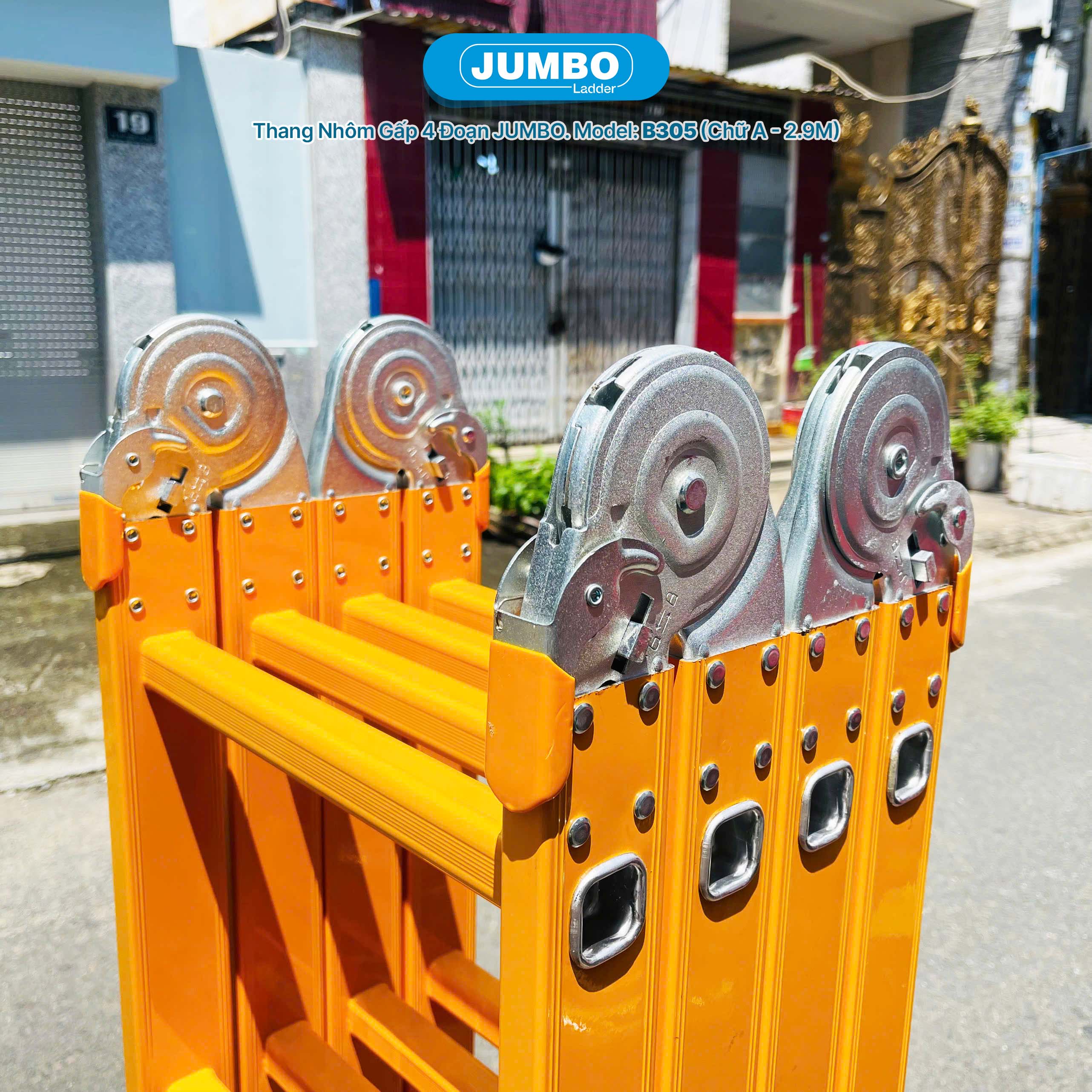 Thang Nhôm Gấp 4 đoạn JUMBO B305 - Chữ A 2.8m, Tải 300kg, Nhẹ 15.3kg