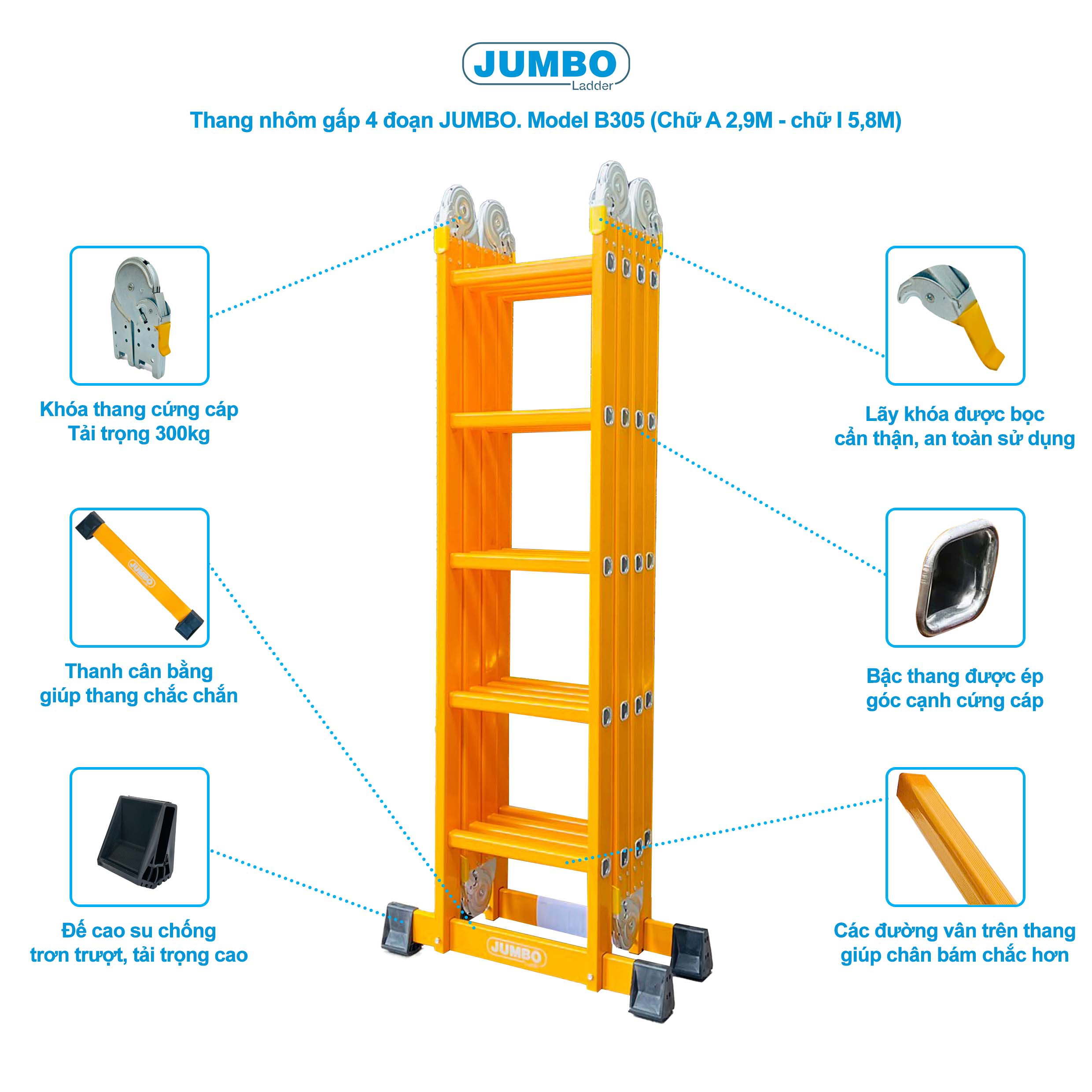 Thang Nhôm Gấp 4 đoạn JUMBO B305 - Chữ A 2.8m, Tải 300kg, Nhẹ 15.3kg