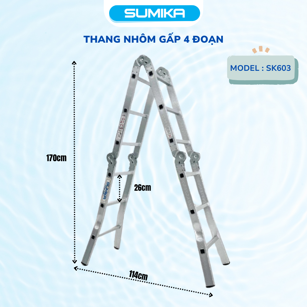 Thang Nhôm Gấp 4 đoạn SUMIKA SK603 - Chữ A 1.7m / Chữ I 3.4m, Tải 150kg