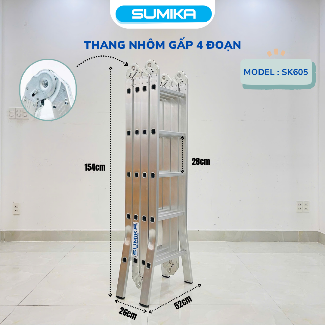 Thang Nhôm Gấp 4 đoạn SUMIKA SK605 - Chữ A 2.9m, Chữ I 5.8m, Tải 150kg