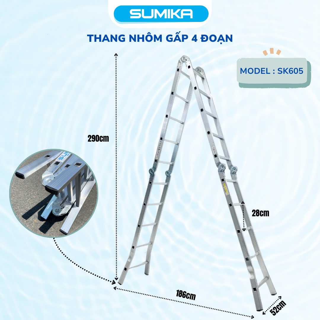Thang Nhôm Gấp 4 đoạn SUMIKA SK605 - Chữ A 2.9m, Chữ I 5.8m, Tải 150kg