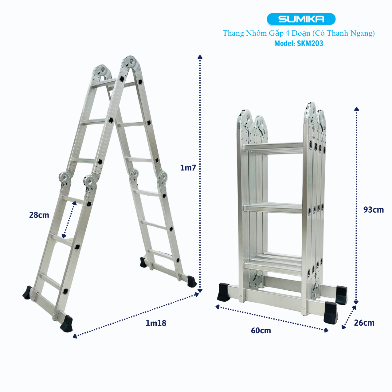 Thang Nhôm Gấp 4 đoạn SUMIKA SKM203 - Chữ A 1.7m, Duỗi 3.4m, Tải 300kg