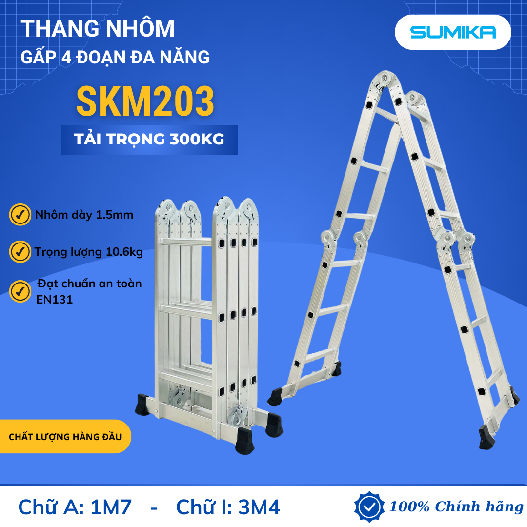 Thang Nhôm Gấp 4 đoạn SUMIKA SKM203 - Chữ A 1.7m, Duỗi 3.4m, Tải 300kg