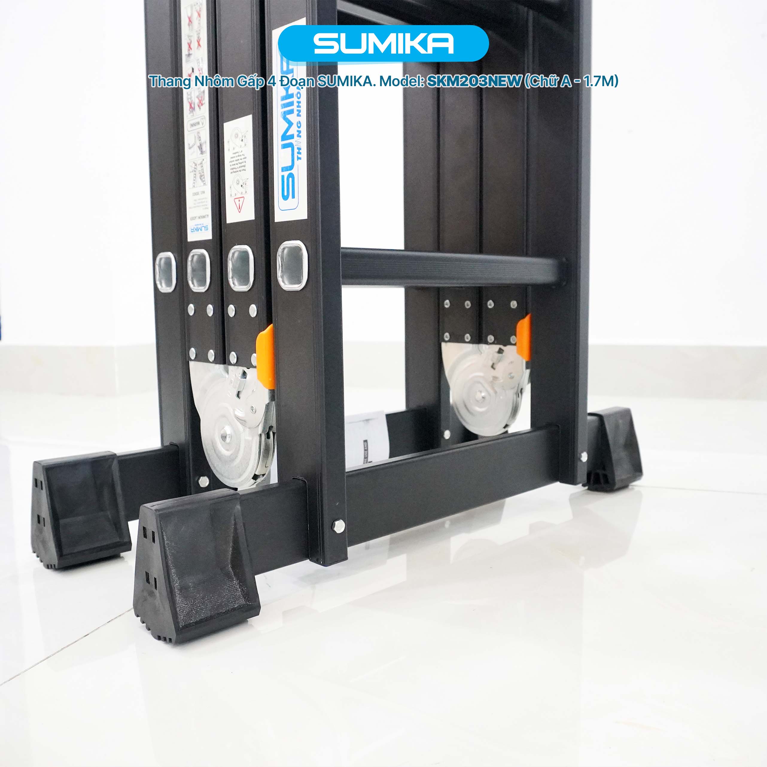 Thang Nhôm Gấp 4 đoạn SUMIKA SKM203 NEW, Chữ A 1.73m - Chữ I 3.58m, Tải 150kg, Hợp Kim Bền