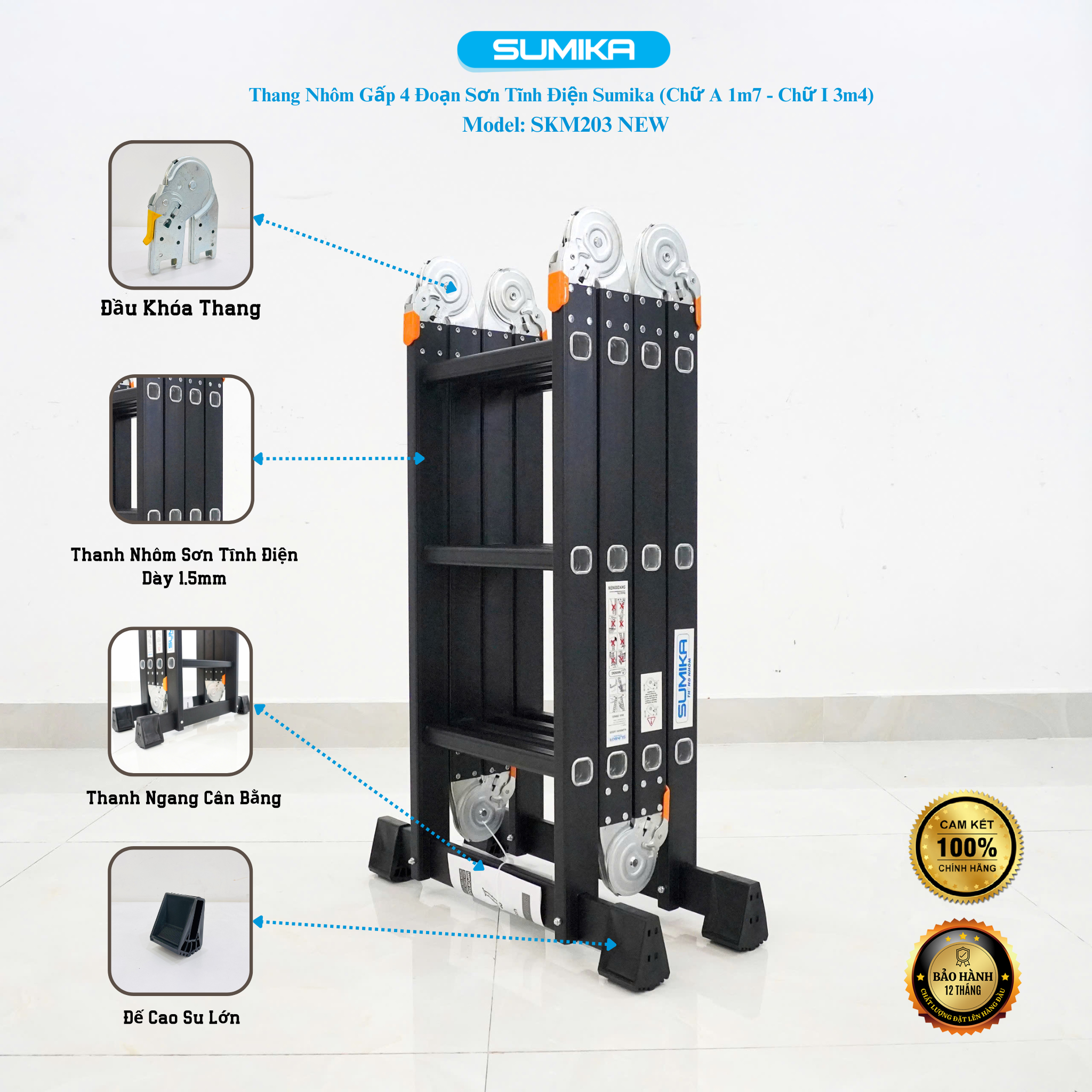 Thang Nhôm Gấp 4 đoạn SUMIKA SKM203 NEW, Chữ A 1.73m - Chữ I 3.58m, Tải 150kg, Hợp Kim Bền