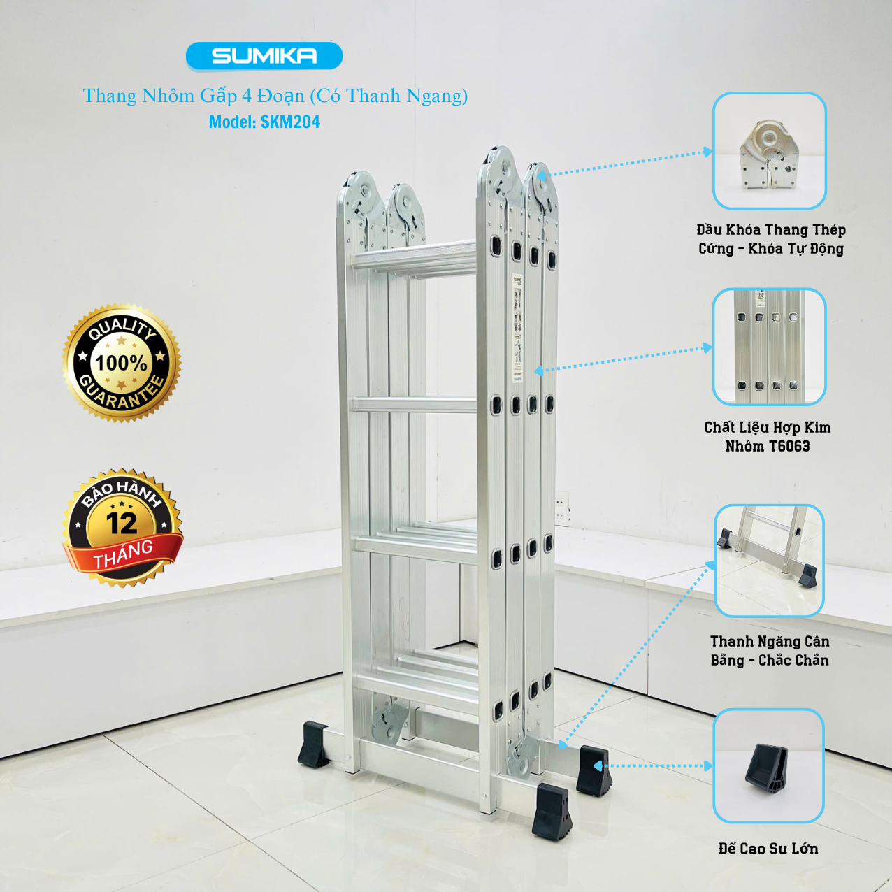 Thang Nhôm Gấp 4 đoạn SUMIKA SKM204 - Chữ A 2.3m, Chữ I 4.6m, Tải 300kg