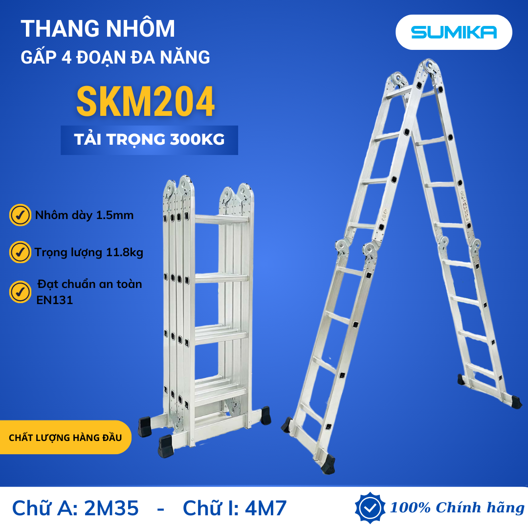 Thang Nhôm Gấp 4 đoạn SUMIKA SKM204 - Chữ A 2.3m, Chữ I 4.6m, Tải 300kg