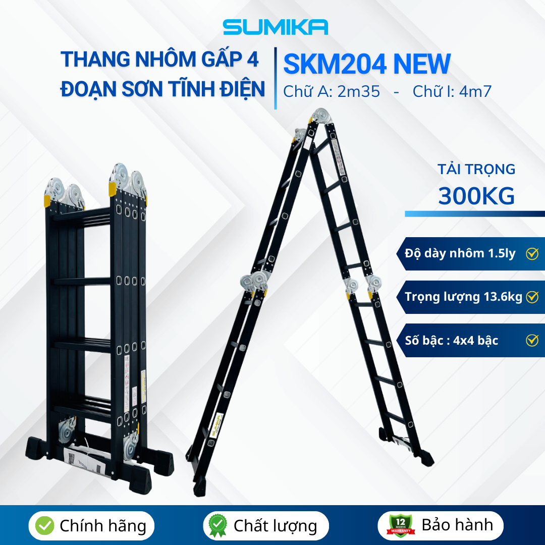 Thang nhôm gấp 4 đoạn Sumika SKM204 NEW, chữ A cao 2.26m