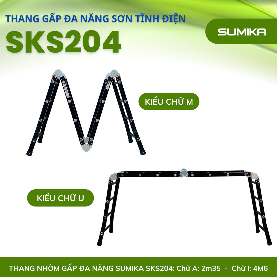 Thang Nhôm Gấp 4 đoạn SUMIKA SKS204 - Chữ A 2.35m, Chữ I 4.6m, Tải 300kg