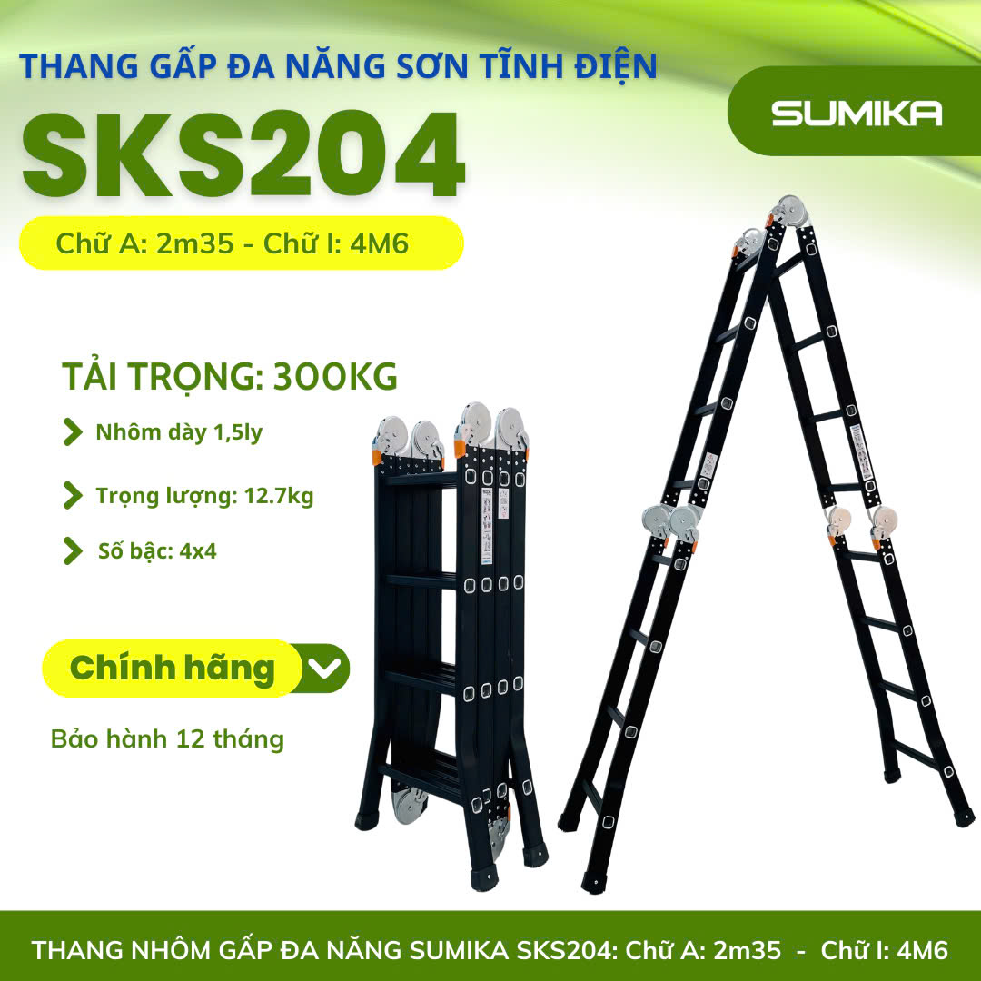 Thang Nhôm Gấp 4 đoạn SUMIKA SKS204 - Chữ A 2.35m, Chữ I 4.6m, Tải 300kg