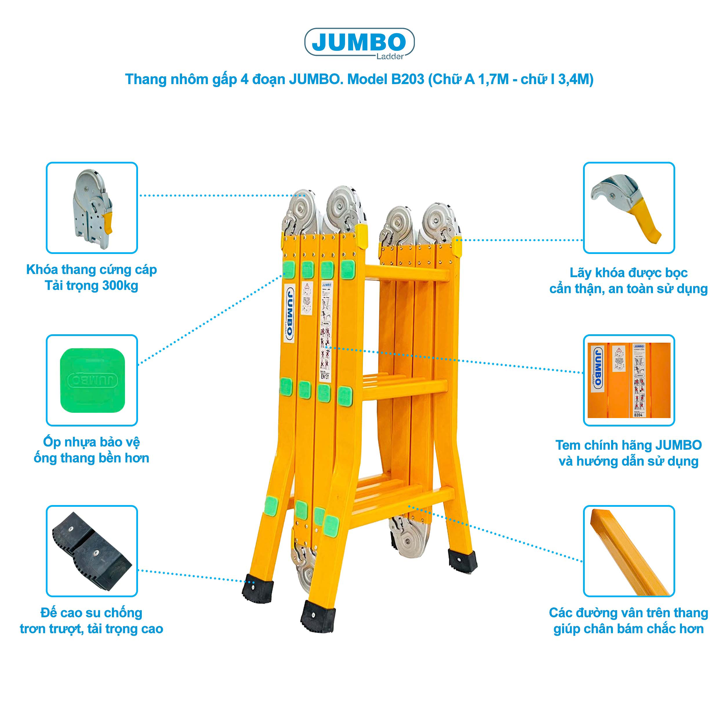 Thang Nhôm Gấp đa Năng 12 Bậc JUMBO B203 - 4 đoạn, Chịu Tải 300kg, EN131