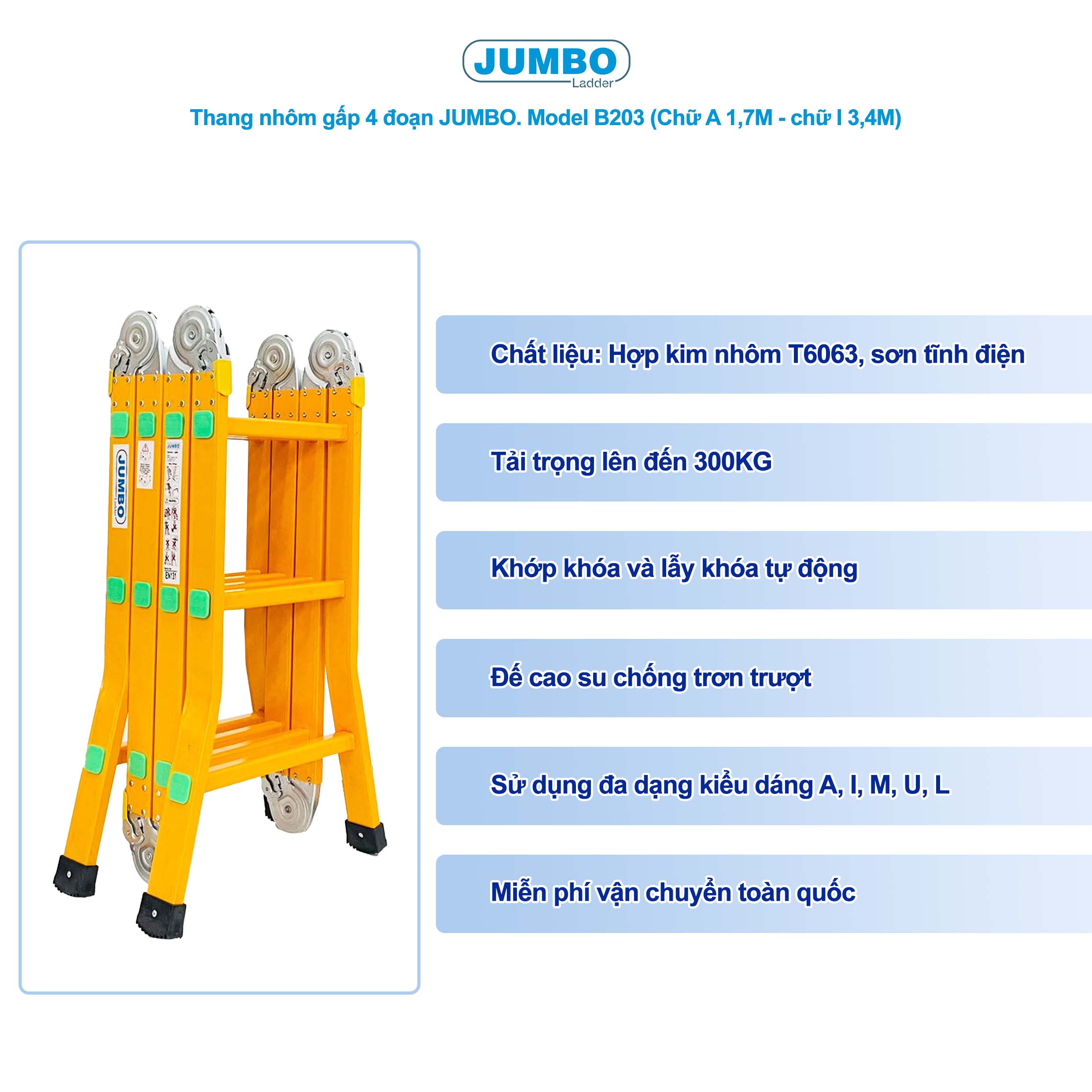 Thang Nhôm Gấp đa Năng 12 Bậc JUMBO B203 - 4 đoạn, Chịu Tải 300kg, EN131