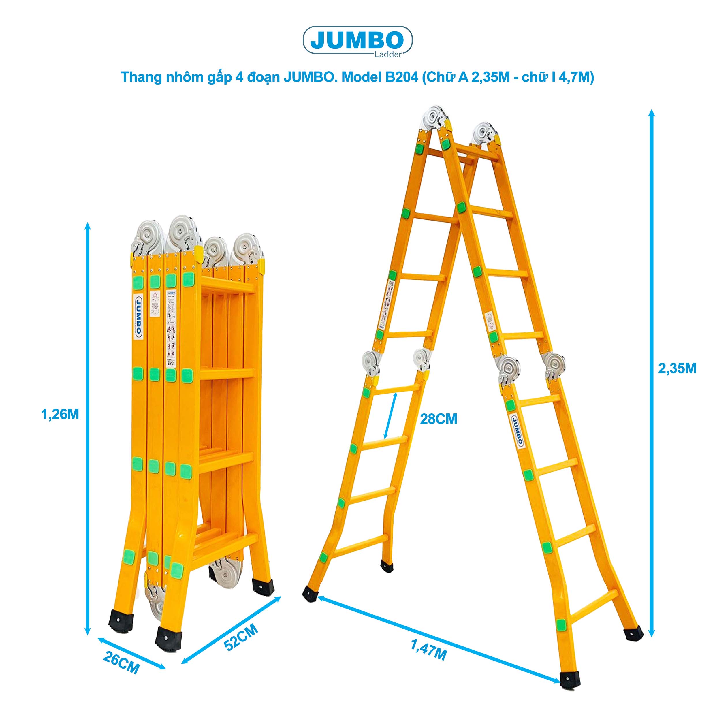 Thang Nhôm Gấp đa Năng 16 Bậc JUMBO B204 - 4 đoạn, Tải Trọng 300kg