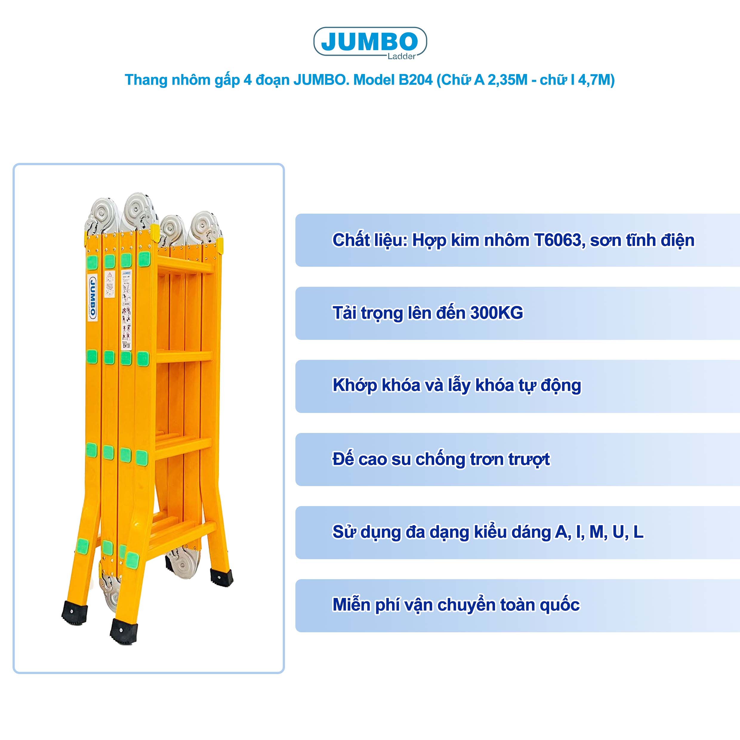 Thang Nhôm Gấp đa Năng 16 Bậc JUMBO B204 - 4 đoạn, Tải Trọng 300kg