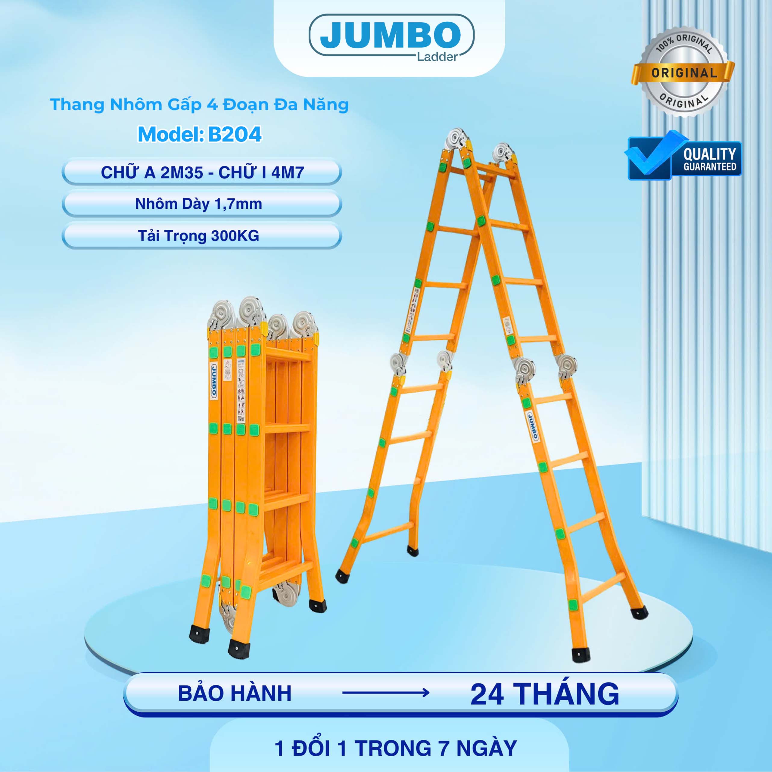 Thang Nhôm Gấp đa Năng 16 Bậc JUMBO B204 - 4 đoạn, Tải Trọng 300kg
