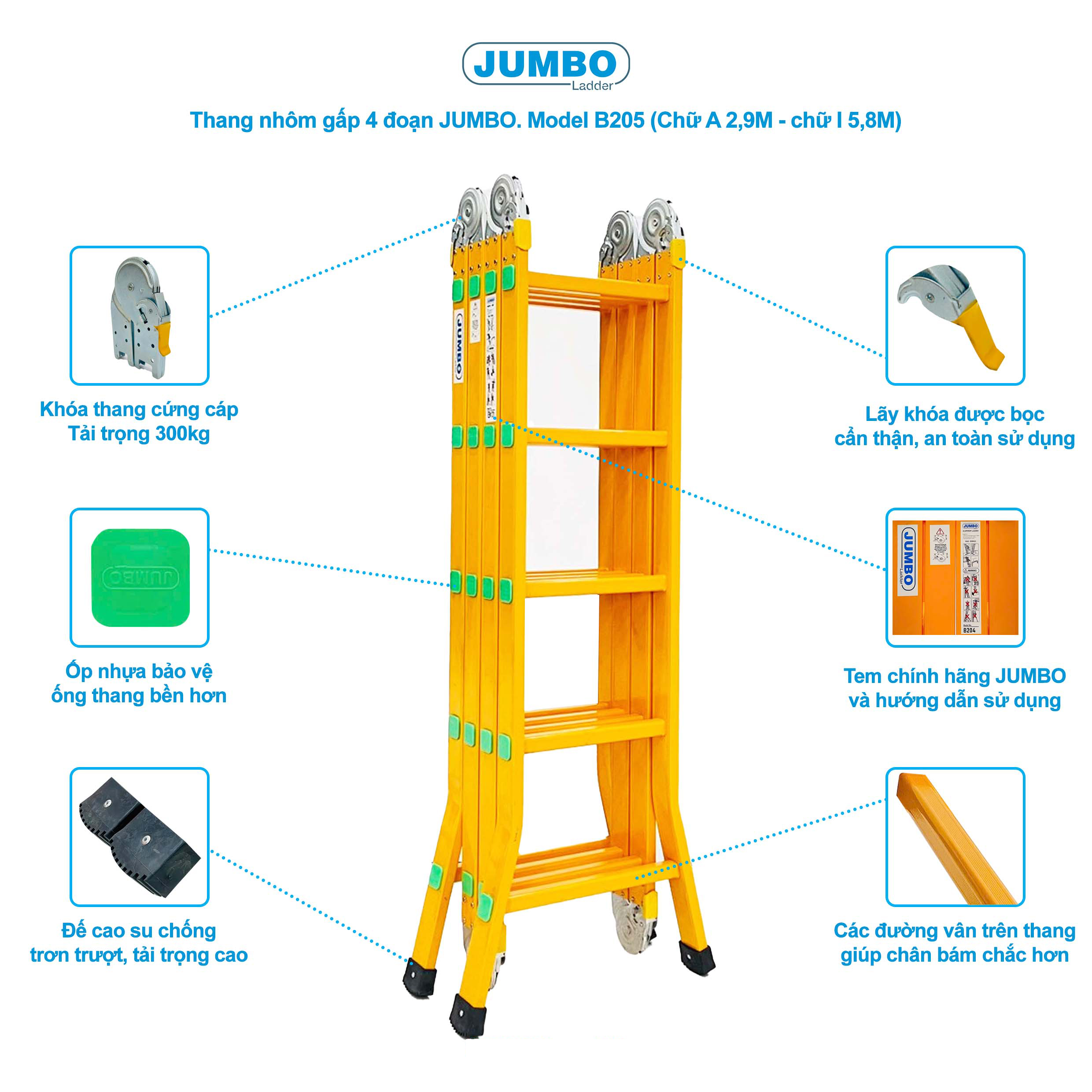 Thang Nhôm Gấp đa Năng 20 Bậc JUMBO B205 - 4 đoạn, Chịu Tải 300kg, Cao 5.7m