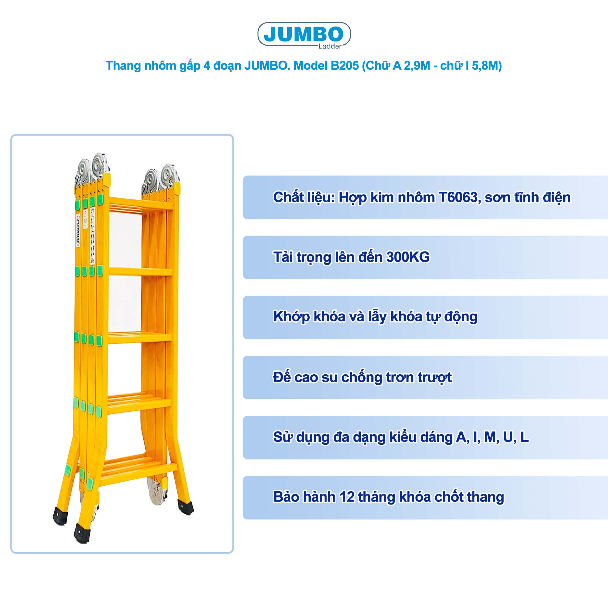 Thang Nh&ocirc;m Gấp đa Năng 20 Bậc JUMBO B205 - 4 đoạn, Chịu Tải 300kg, Cao 5.7m