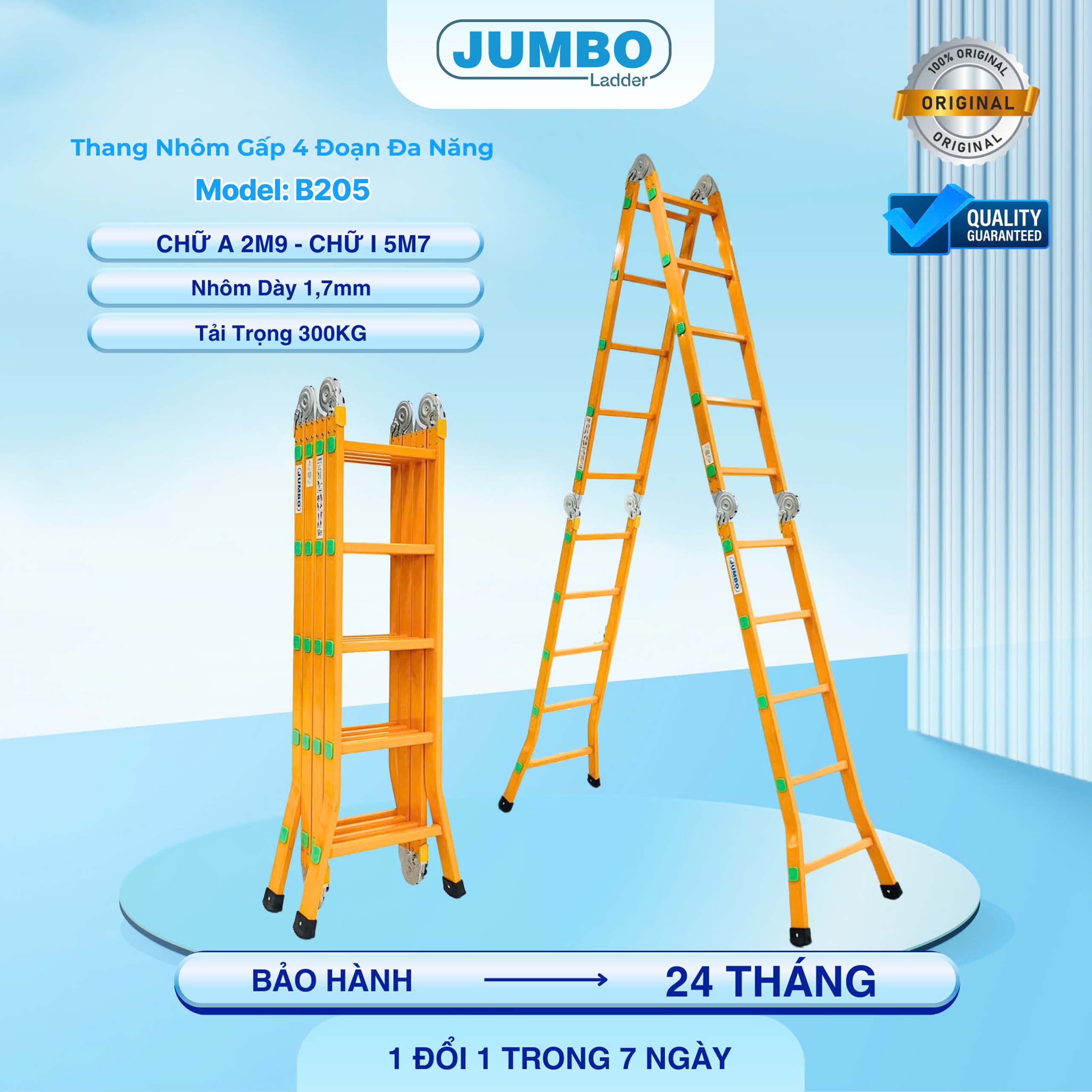 Thang Nh&ocirc;m Gấp đa Năng 20 Bậc JUMBO B205 - 4 đoạn, Chịu Tải 300kg, Cao 5.7m
