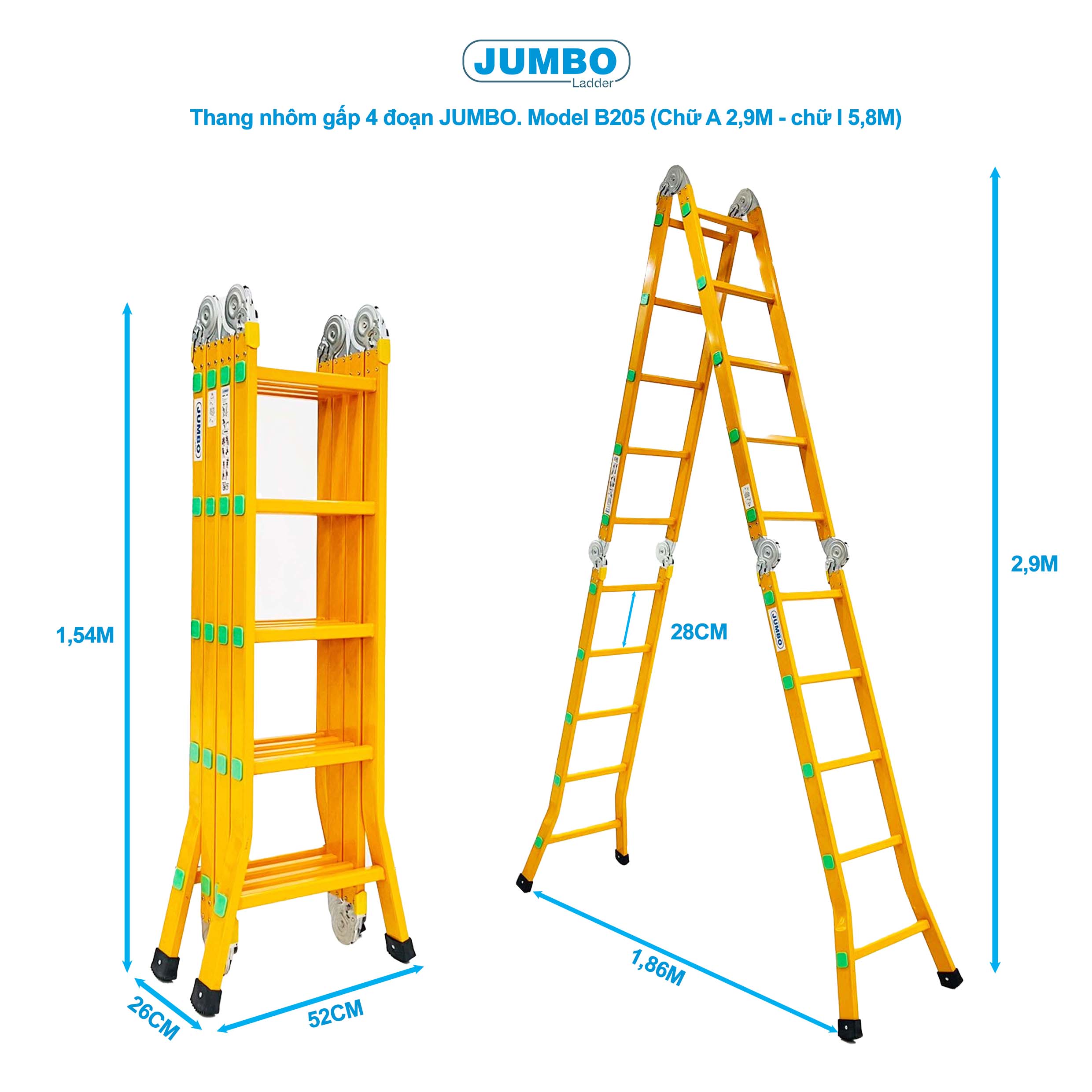 Thang Nhôm Gấp đa Năng 20 Bậc JUMBO B205 - 4 đoạn, Chịu Tải 300kg, Cao 5.7m