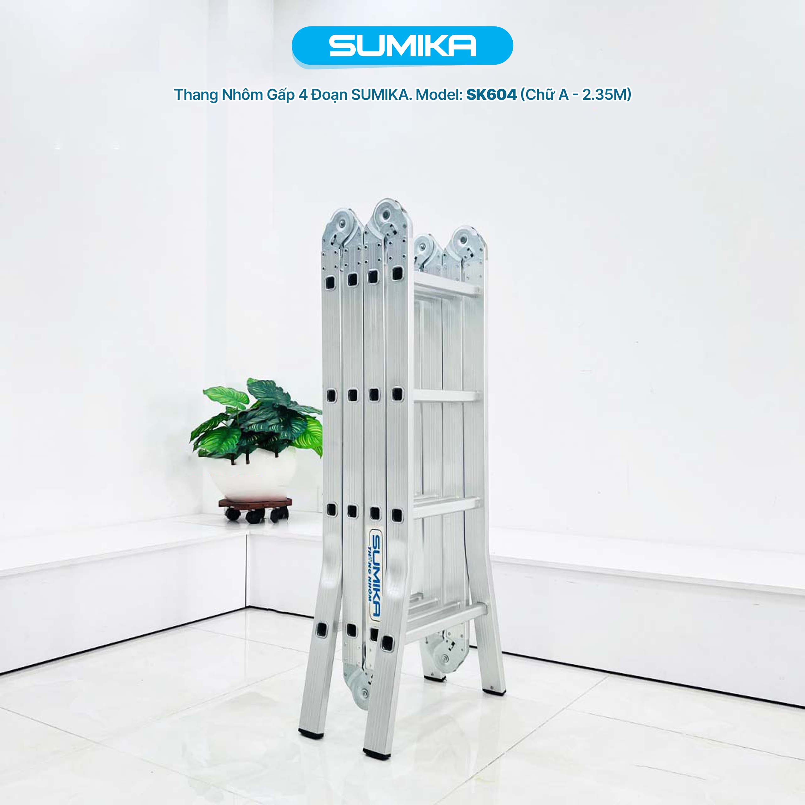 Thang Nhôm Gấp đa Năng 4 đoạn 16 Bậc SUMIKA SK604 - 4,7m, Chịu Tải 150kg
