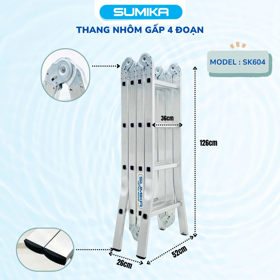 Thang Nhôm Gấp đa Năng 4 đoạn 16 Bậc SUMIKA SK604 - 4,7m, Chịu Tải 150kg