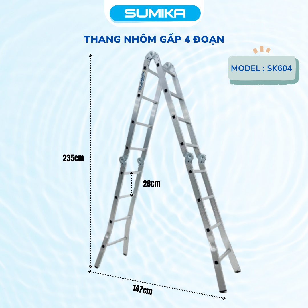 Thang Nhôm Gấp đa Năng 4 đoạn 16 Bậc SUMIKA SK604 - 4,7m, Chịu Tải 150kg
