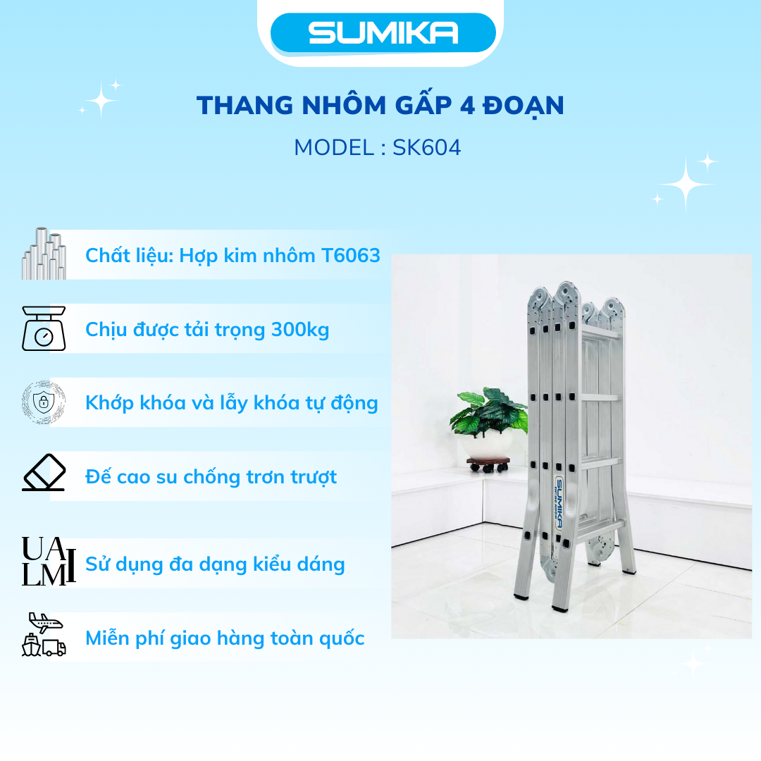 Thang Nhôm Gấp đa Năng 4 đoạn 16 Bậc SUMIKA SK604 - 4,7m, Chịu Tải 150kg