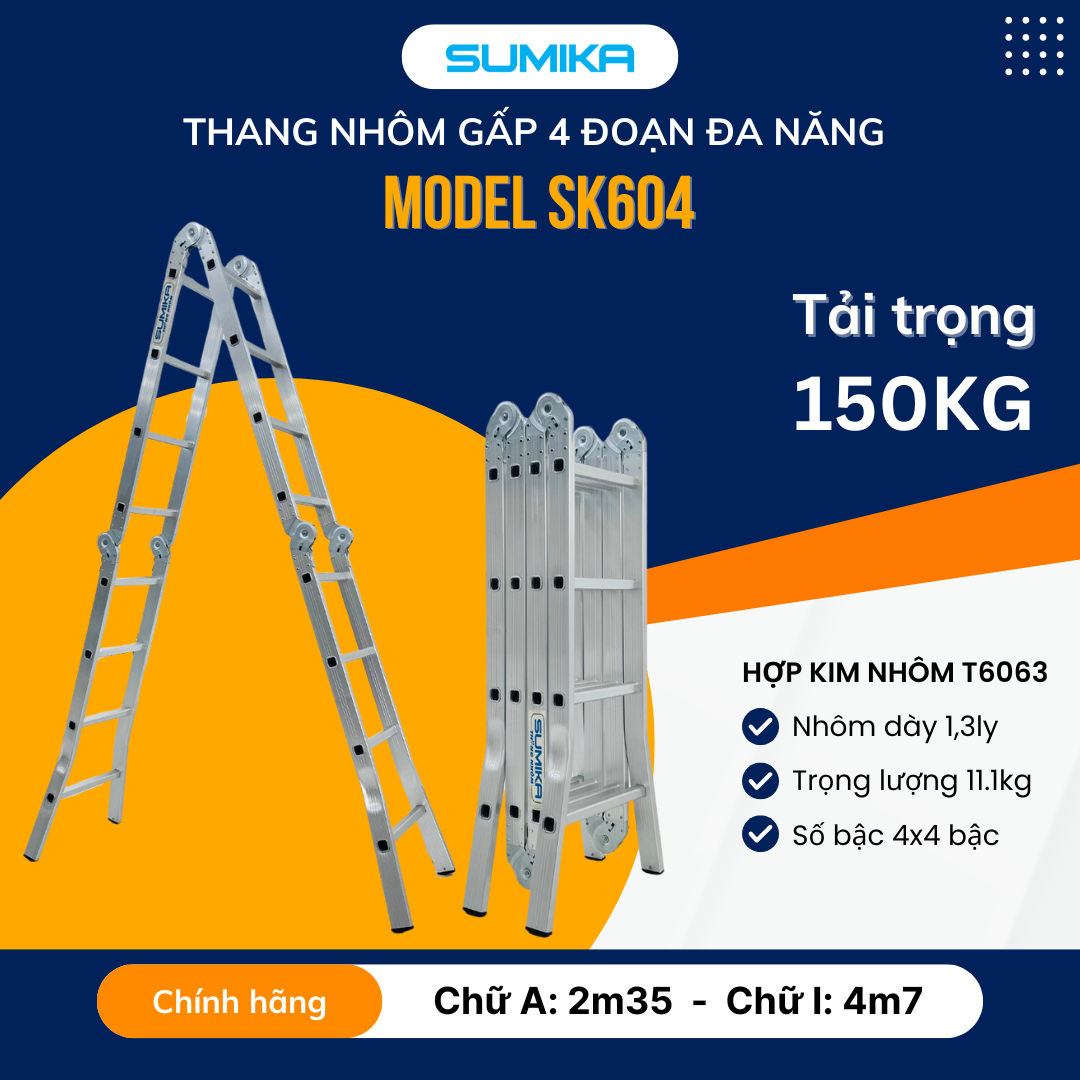 Thang Nhôm Gấp đa Năng 4 đoạn 16 Bậc SUMIKA SK604 - 4,7m, Chịu Tải 150kg