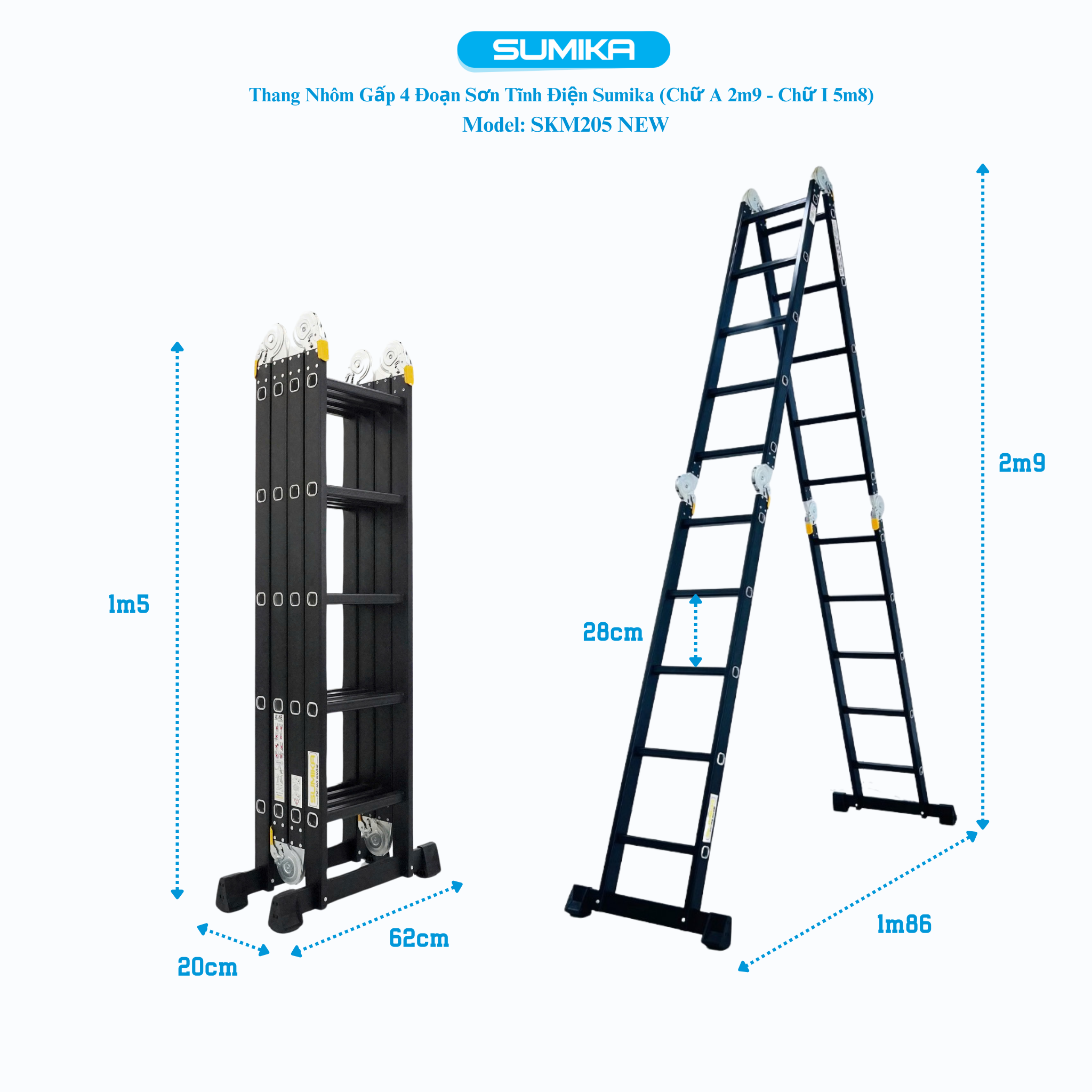 Thang Nhôm Gấp đa Năng 4 đoạn SUMIKA SKM205 NEW — Duỗi 5.8m, Tải 300kg