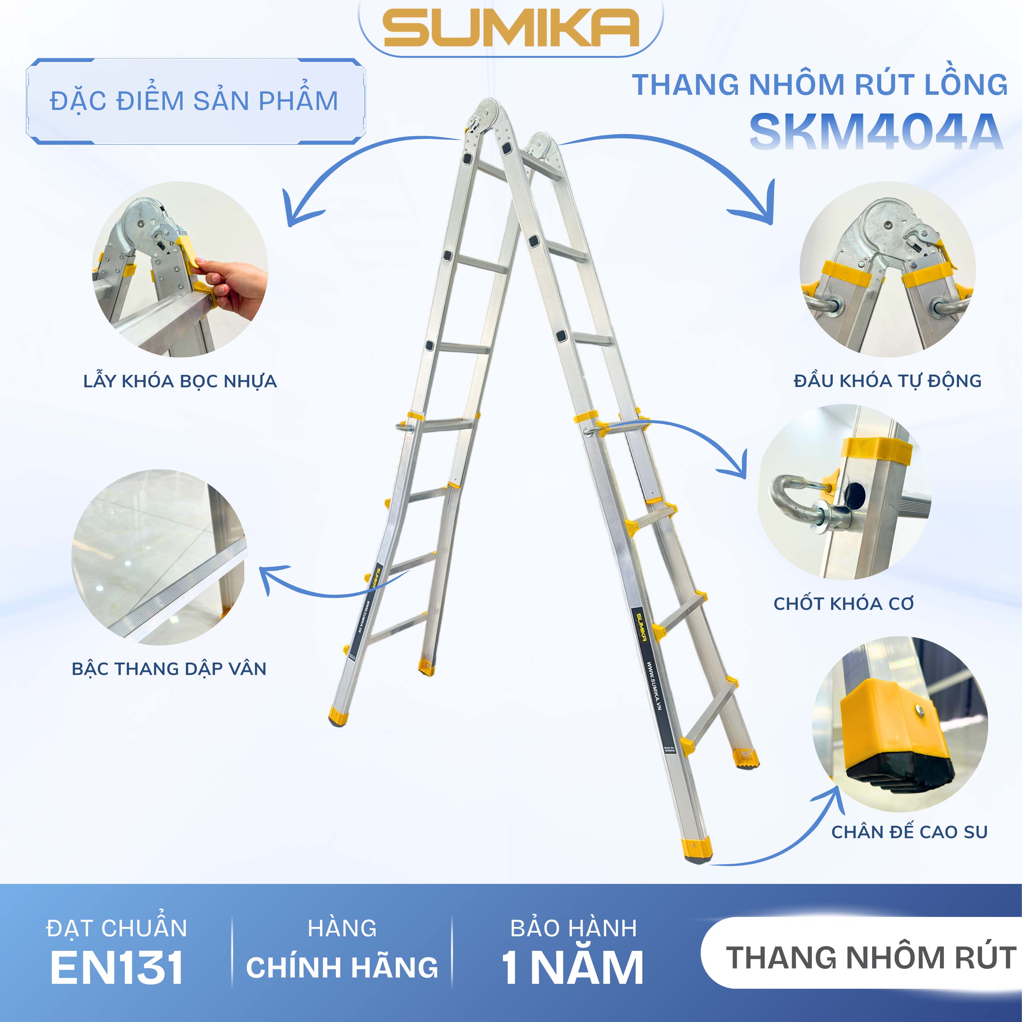 Thang Nhôm Gấp đa Năng SUMIKA SKM404A - Rút Lồng Chữ A, Cao 4.6m, Tải 300kg
