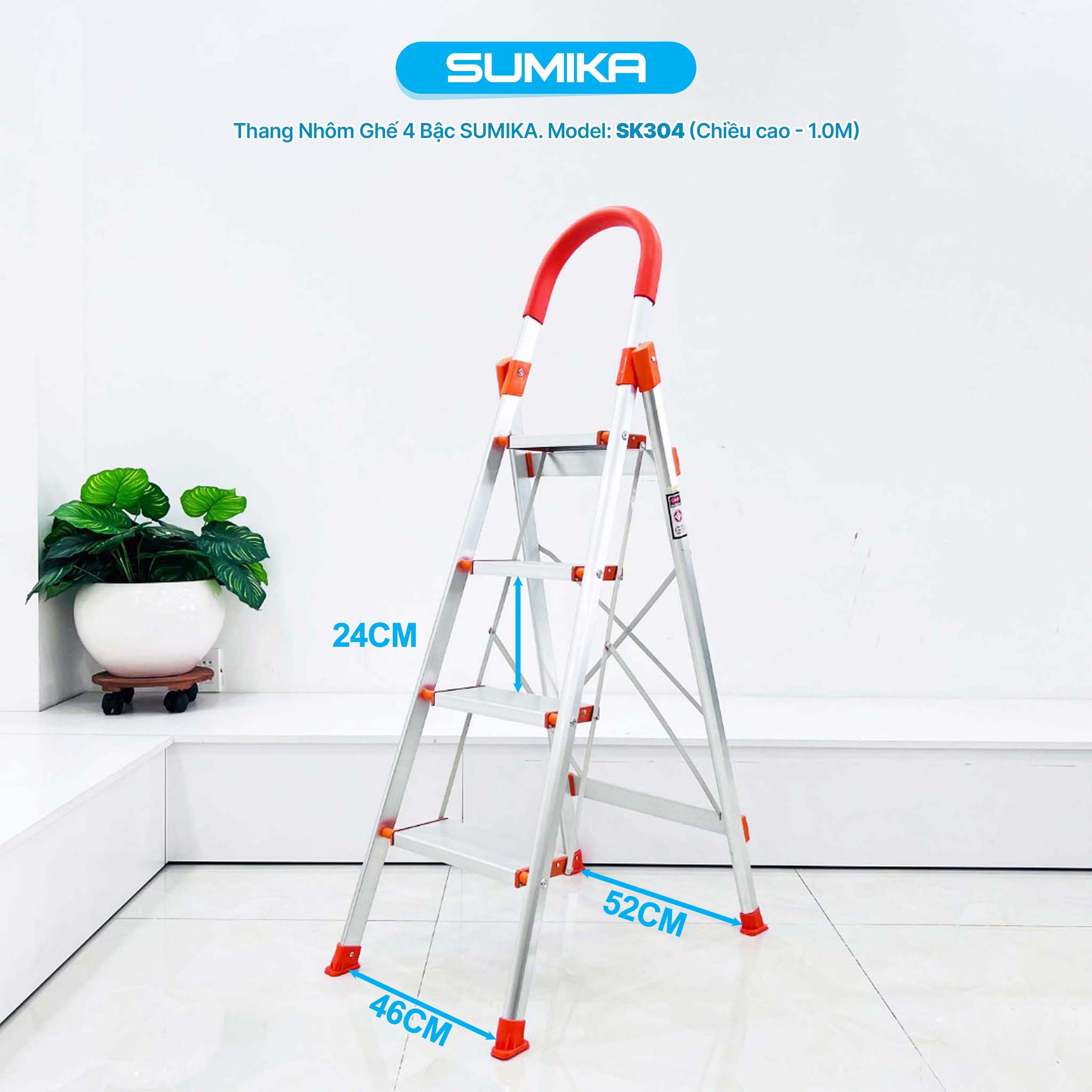 Thang Nhôm Ghế 4 Bậc SUMIKA SK304 - Cao 1.0m, Tải 150kg, Nhôm T6063