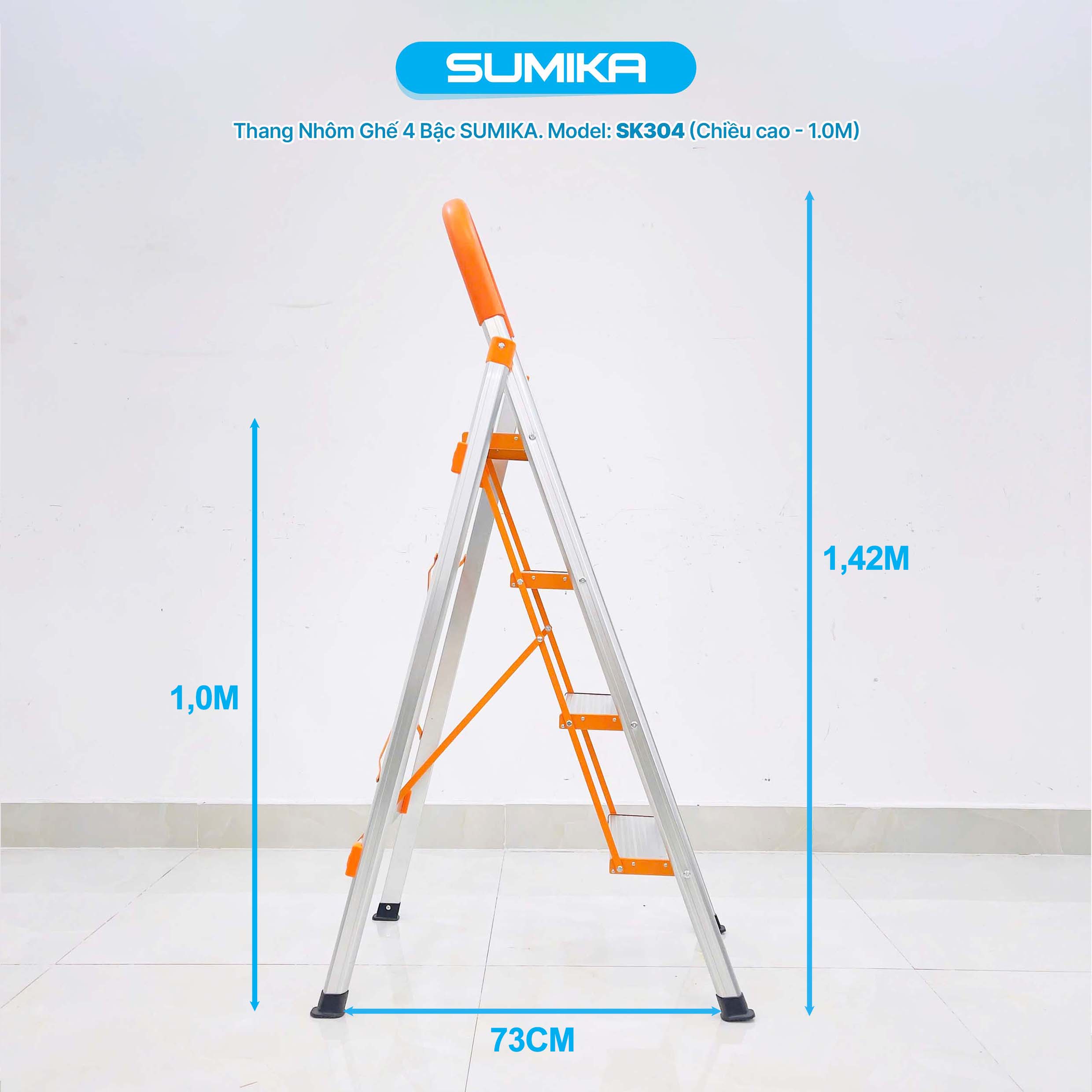Thang Nhôm Ghế 4 Bậc SUMIKA SK304 - Cao 1.0m, Tải 150kg, Nhôm T6063