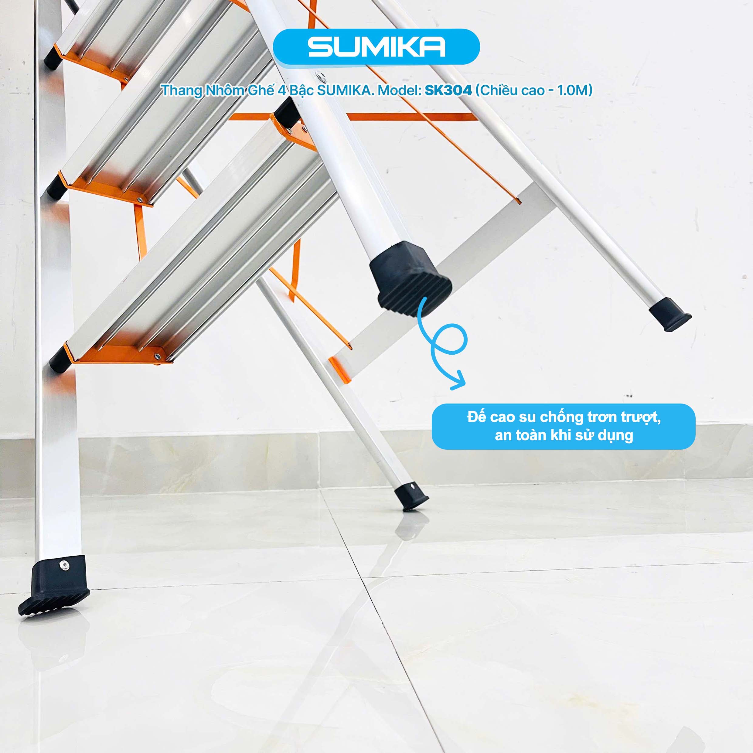 Thang Nhôm Ghế 4 Bậc SUMIKA SK304 - Cao 1.0m, Tải 150kg, Nhôm T6063