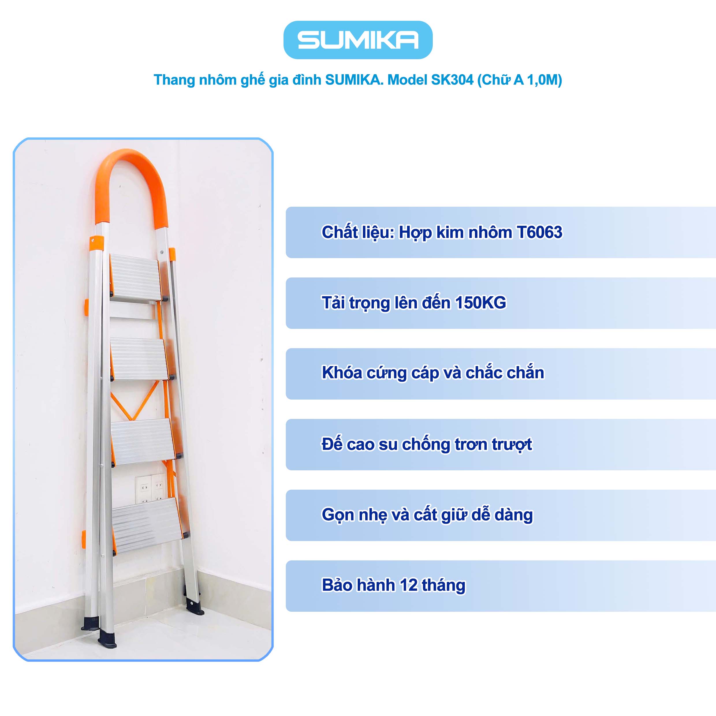 Thang Nh&ocirc;m Ghế 4 Bậc SUMIKA SK304 - Cao 1.0m, Tải 150kg, Nh&ocirc;m T6063