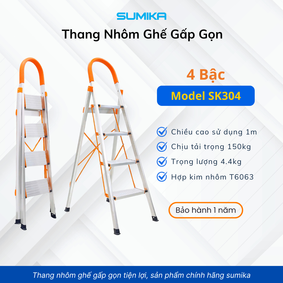 Thang Nhôm Ghế 4 Bậc SUMIKA SK304 - Cao 1.0m, Tải 150kg, Nhôm T6063